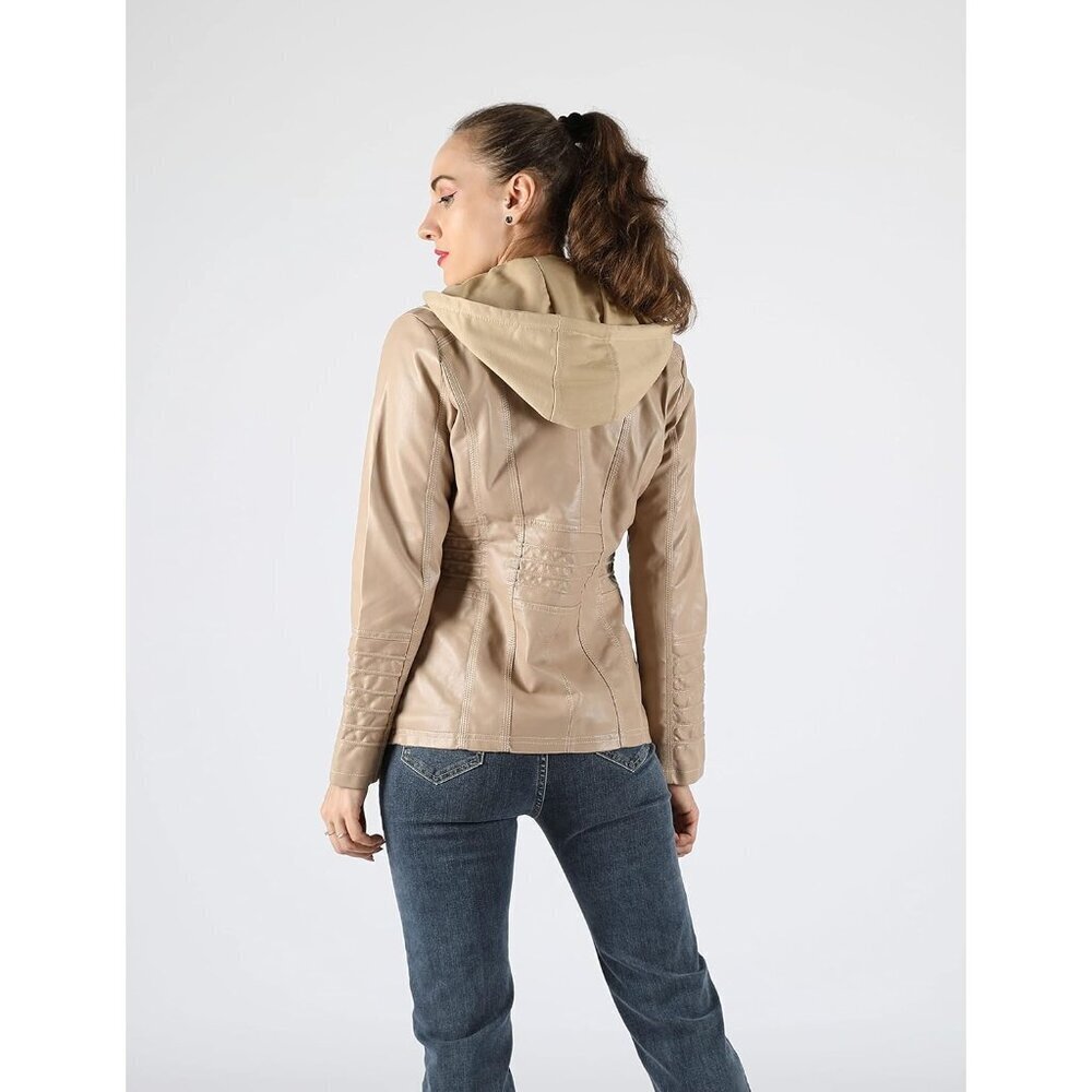 Women's Apricot Hooded Moto Biker Outerwear Fall Fashion Faux Leather Jacket - Picture 5 of 5